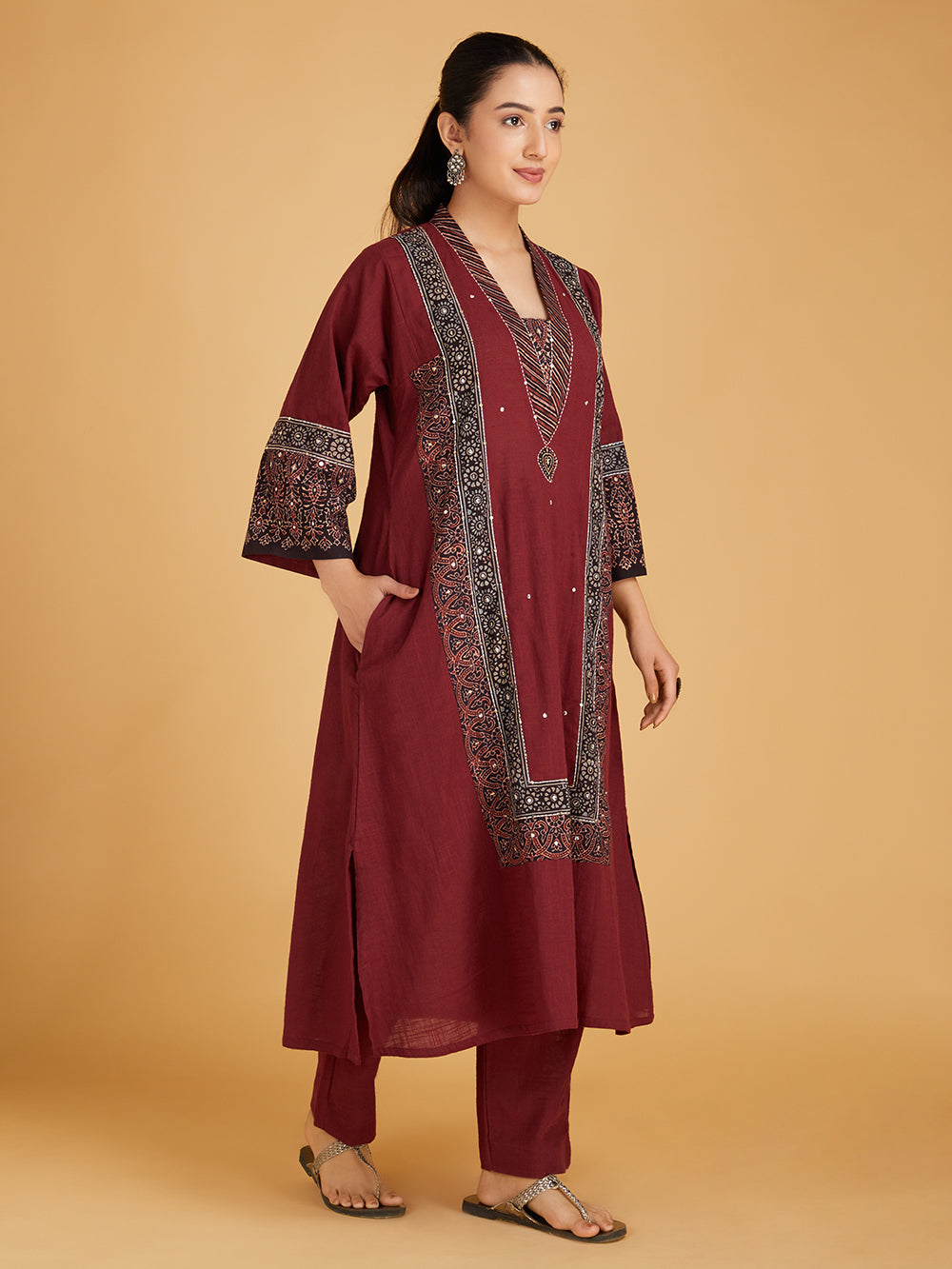 Maroon Ajrakh Hand Block Printed Cotton Slub Kurta with Pants- Set of 2