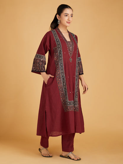 Maroon Ajrakh Hand Block Printed Cotton Slub Kurta with Pants- Set of 2