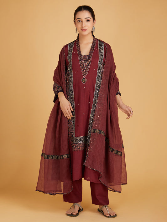 Maroon Ajrakh Hand Block Printed Cotton Suit Set