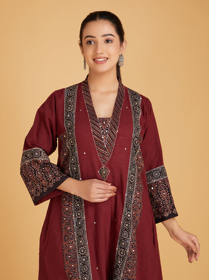 Maroon Ajrakh Hand Block Printed Cotton Slub Kurta with Pants- Set of 2