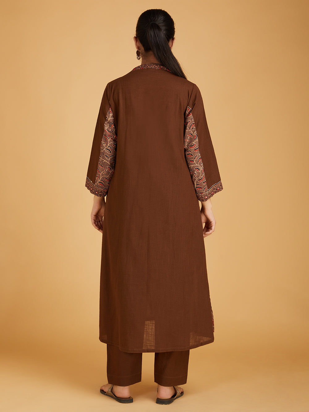Brown Ajrakh Hand Block Printed Cotton Slub Kurta with Pants- Set of 2