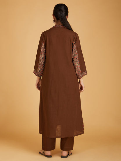 Brown Ajrakh Hand Block Printed Cotton Slub Kurta with Pants- Set of 2