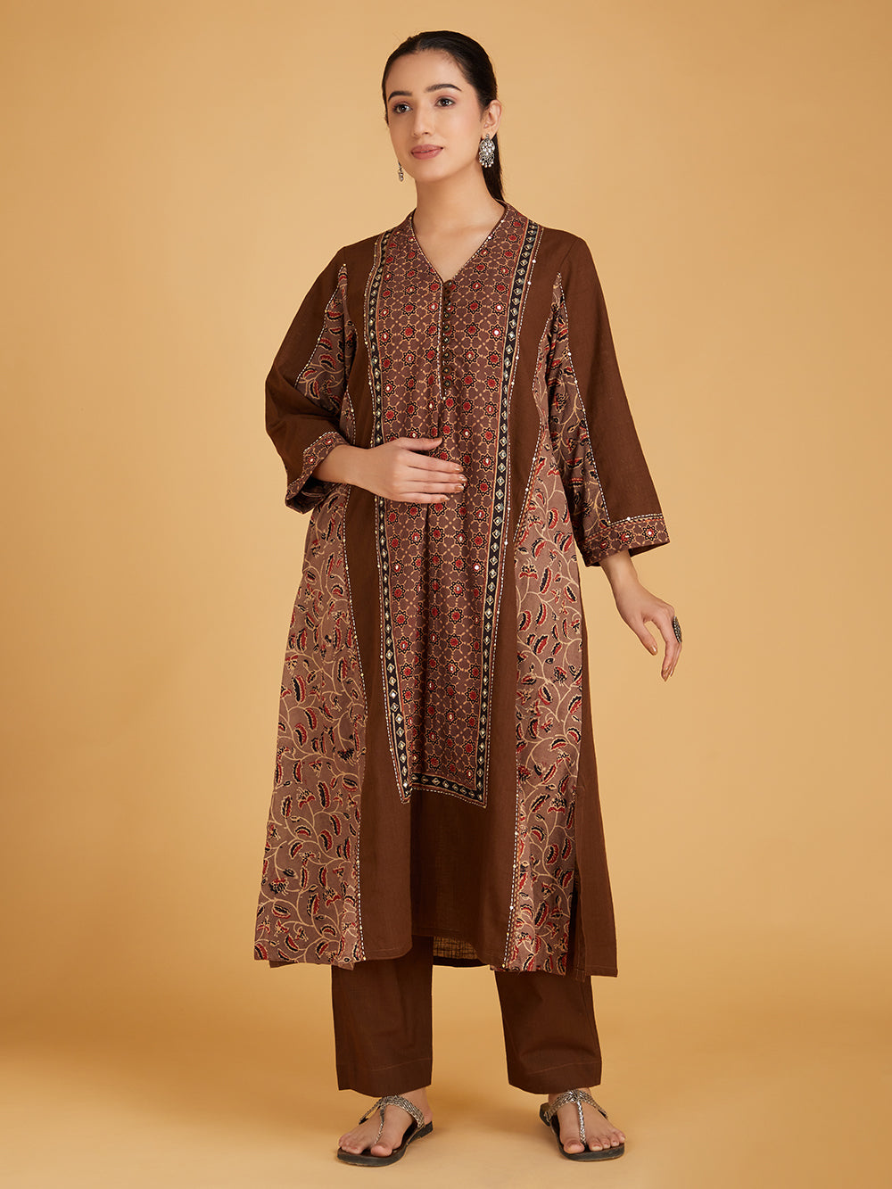 Brown Ajrakh Hand Block Printed Cotton Slub Kurta with Pants- Set of 2
