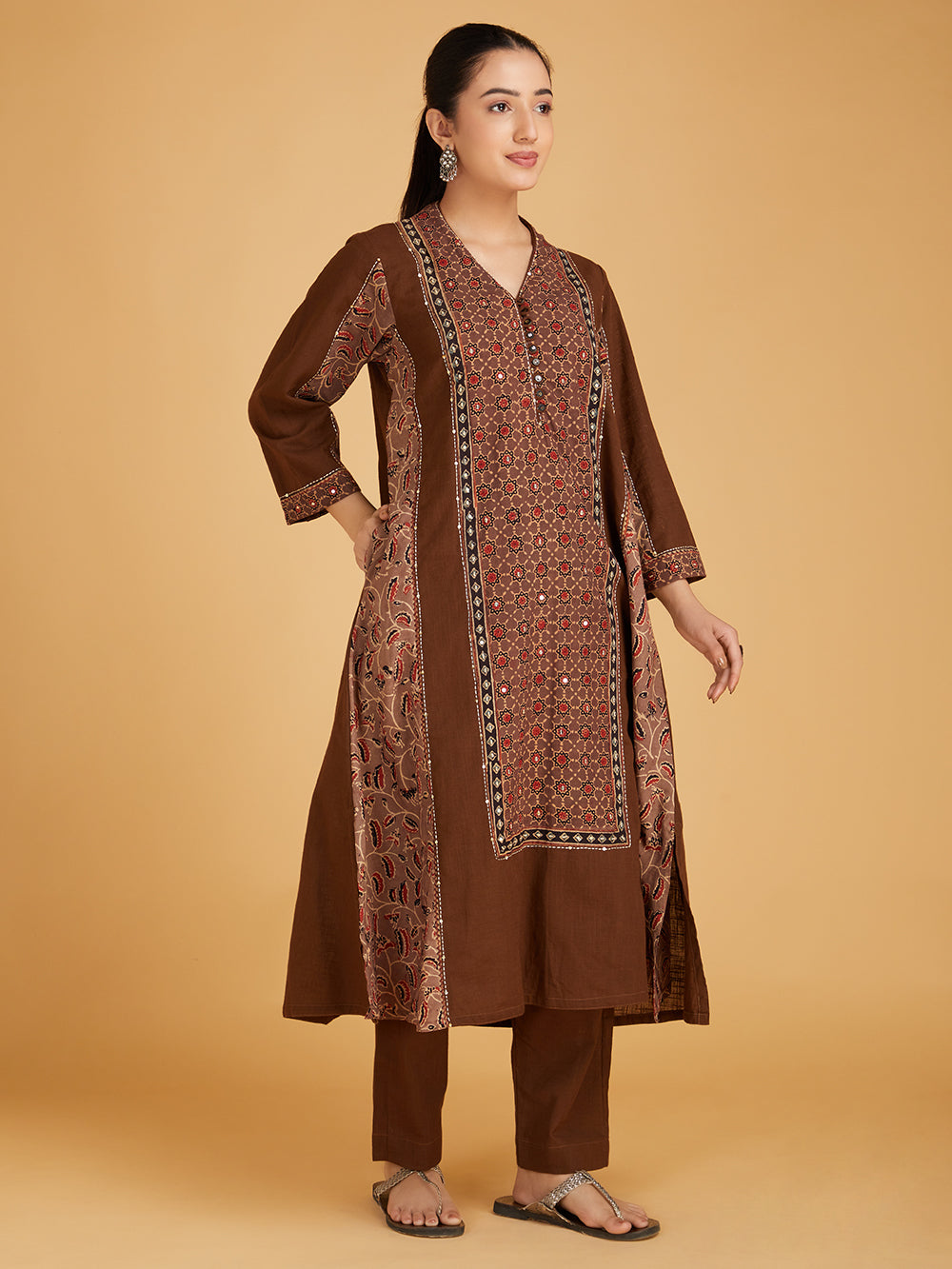 Brown Ajrakh Hand Block Printed Cotton Slub Kurta with Pants- Set of 2