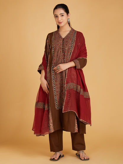 Brown Ajrakh Hand Block Printed Cotton Suit Set