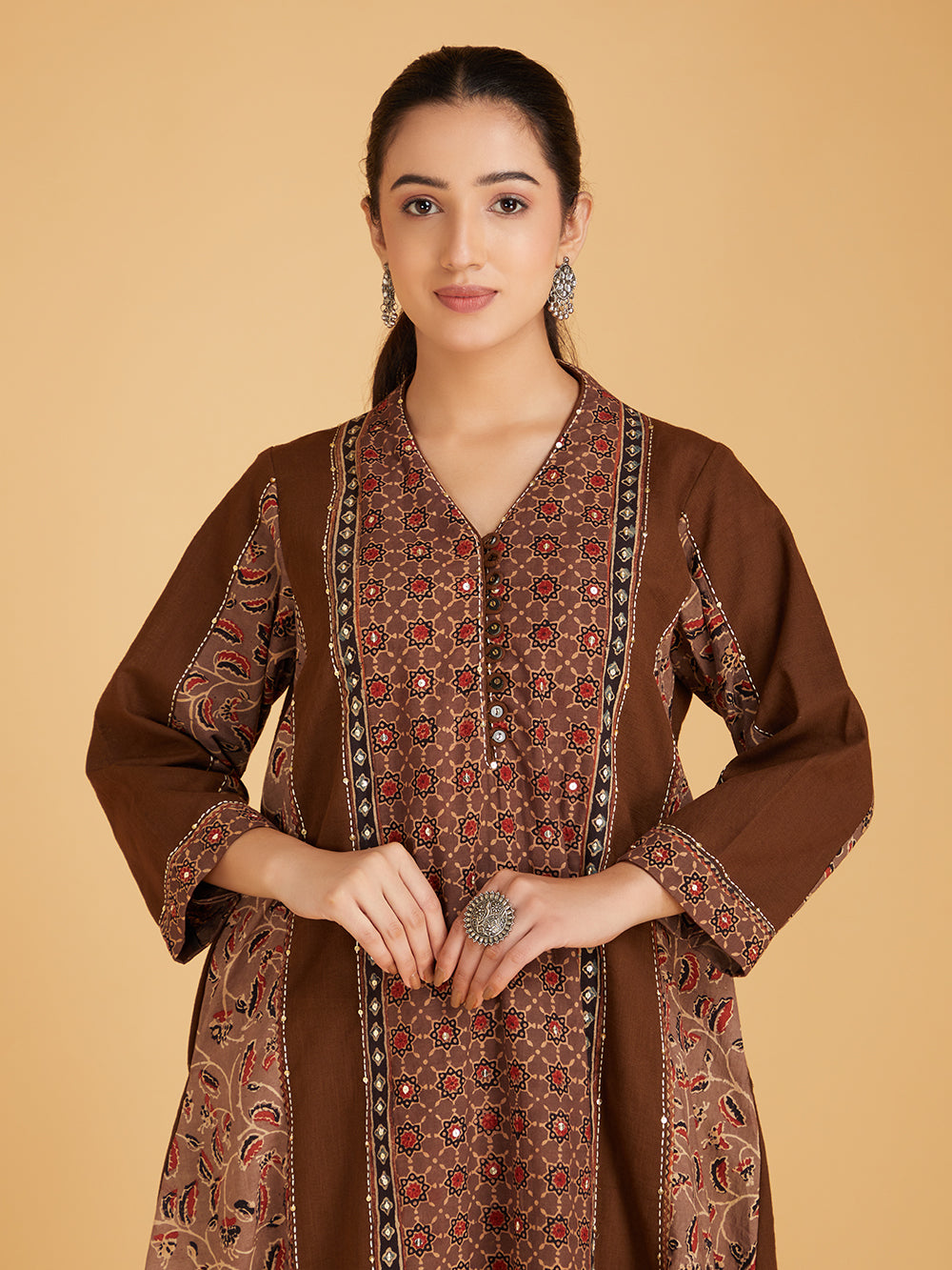 Brown Ajrakh Hand Block Printed Cotton Slub Kurta with Pants- Set of 2