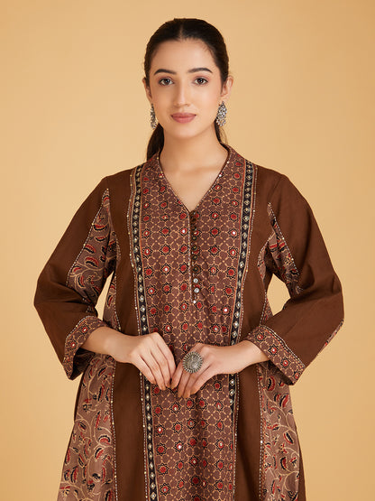 Brown Ajrakh Hand Block Printed Cotton Slub Kurta with Pants- Set of 2