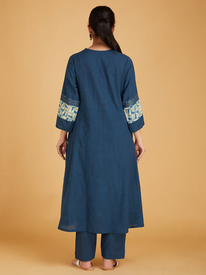 Blue Ajrakh Hand Block Printed Cotton Slub Kurta with Pants- Set of 2