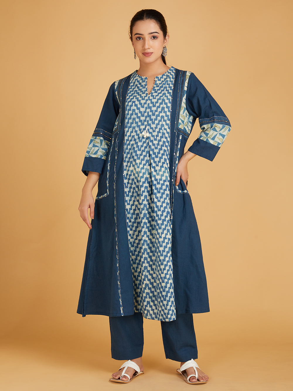 Blue Ajrakh Hand Block Printed Cotton Slub Kurta with Pants- Set of 2