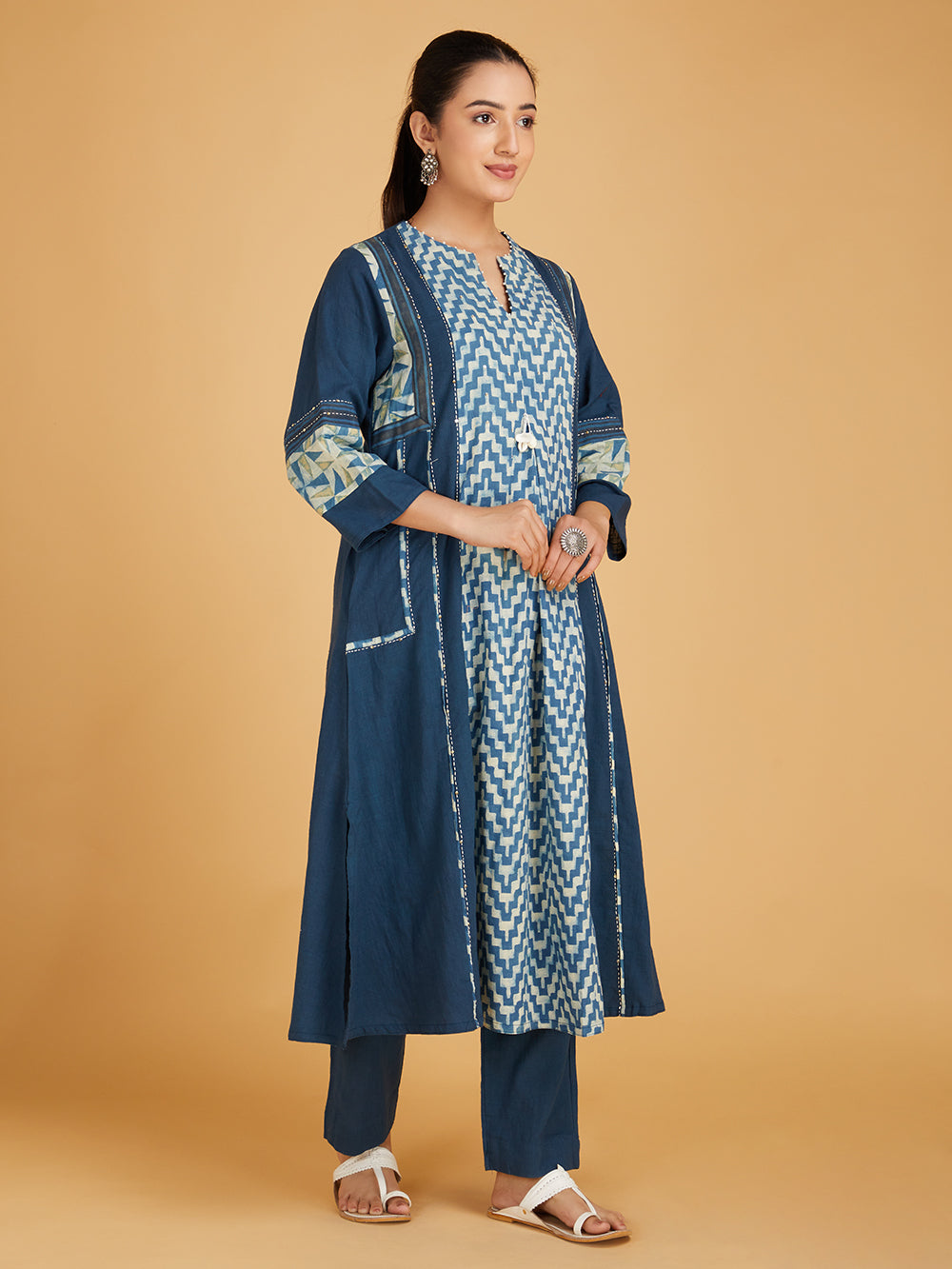 Blue Ajrakh Hand Block Printed Cotton Slub Kurta with Pants- Set of 2