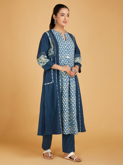 Blue Ajrakh Hand Block Printed Cotton Slub Kurta with Pants- Set of 2