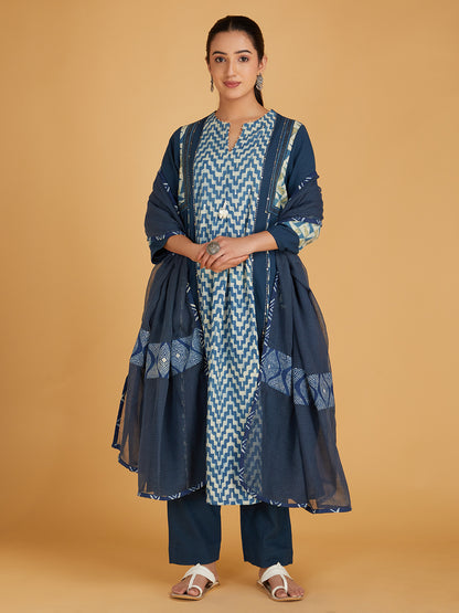 Blue Ajrakh Hand Block Printed Cotton Suit Set