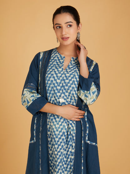Blue Ajrakh Hand Block Printed Cotton Slub Kurta with Pants- Set of 2