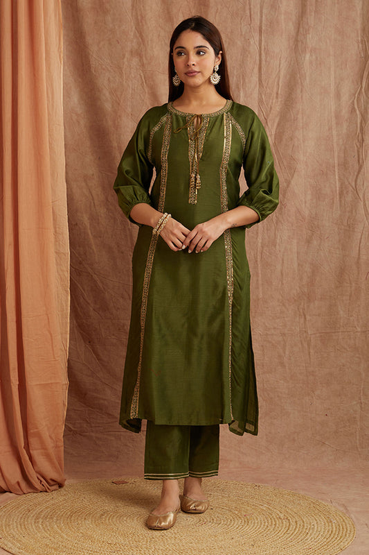 Olive Green Chanderi Silk Kurta Pant