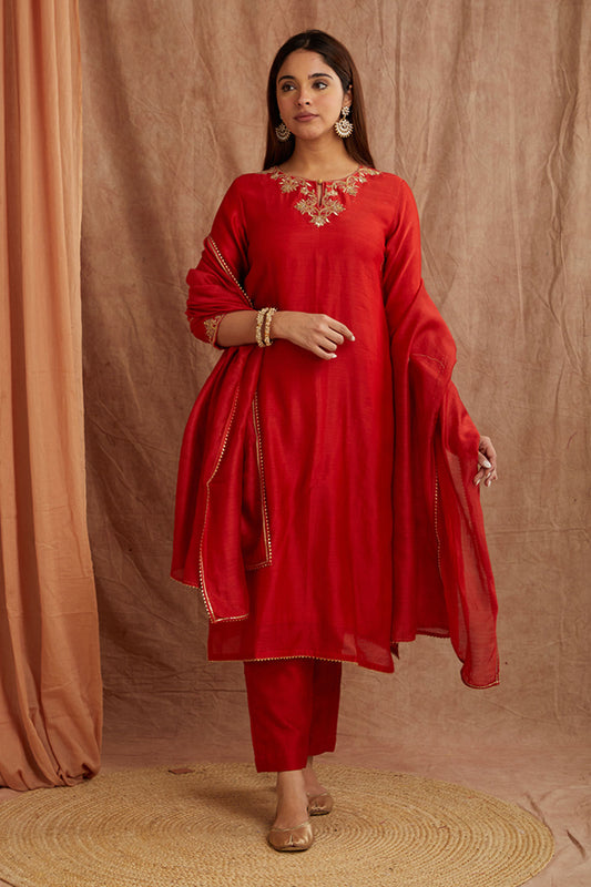 Crimpson Red Chanderi Silk Suitset