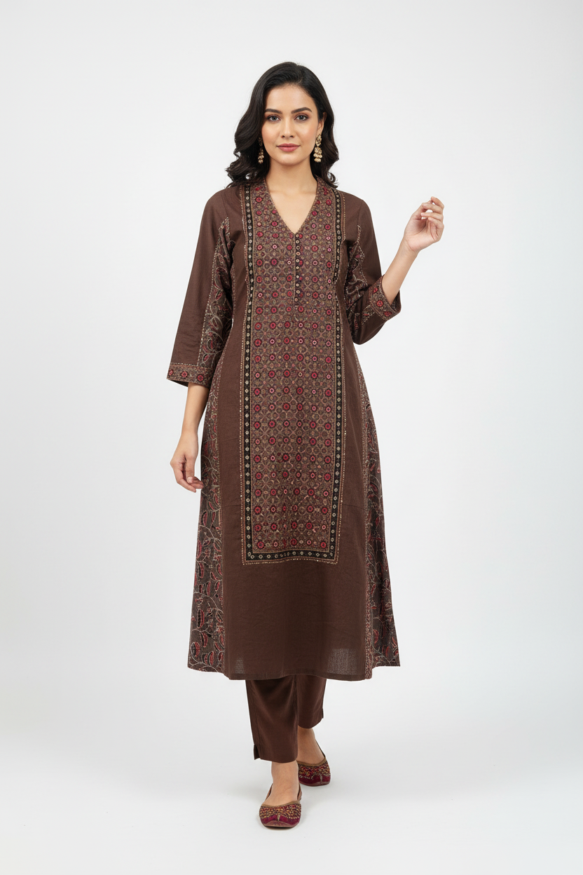 Brown Ajrakh Hand Block Printed Cotton Slub Kurta with Pants- Set of 2