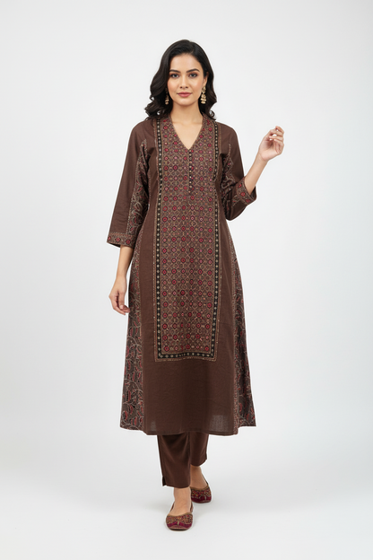 Brown Ajrakh Hand Block Printed Cotton Slub Kurta with Pants- Set of 2