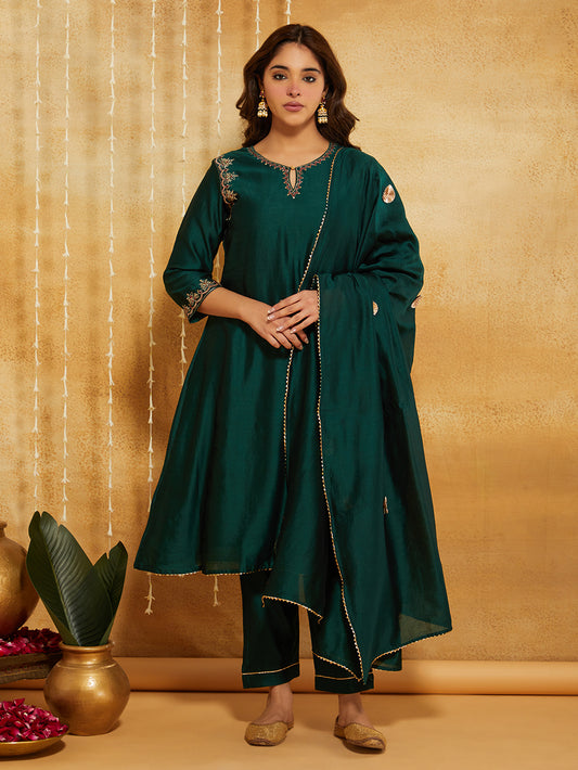 Bottle Green Embroidered Chanderi Silk Suit- Set of 3