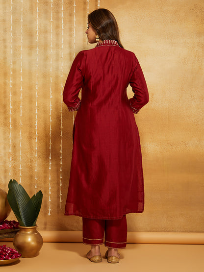 Red Embroidered Chanderi Silk Suit- Set of 3
