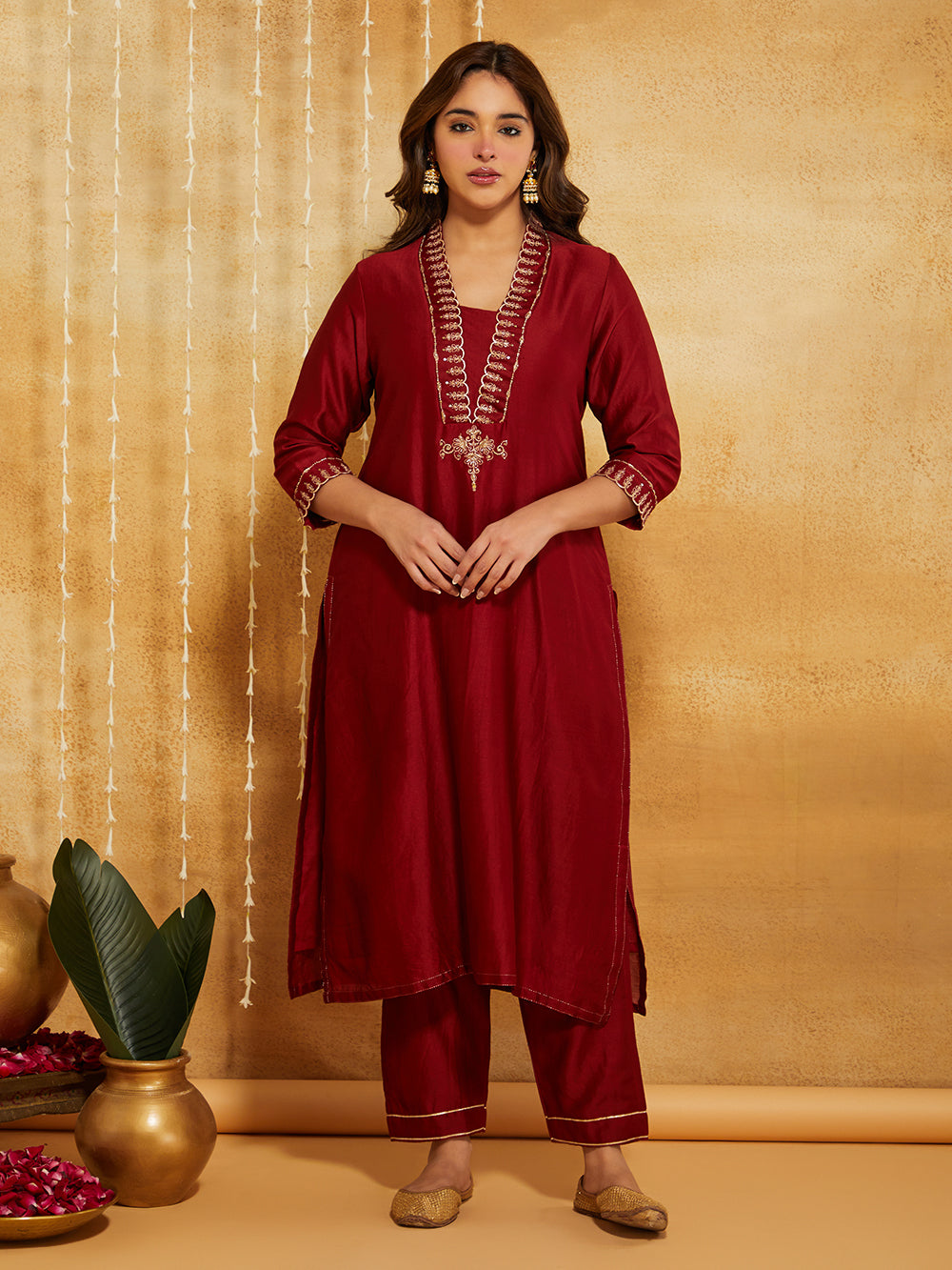 Red Embroidered Chanderi Silk Suit- Set of 3