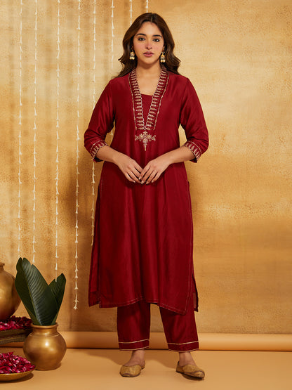 Red Embroidered Chanderi Silk Suit- Set of 3