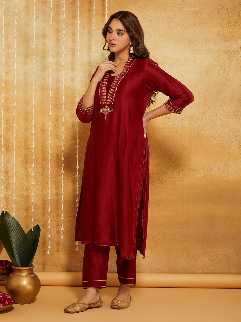 Red Embroidered Chanderi Silk Suit- Set of 3