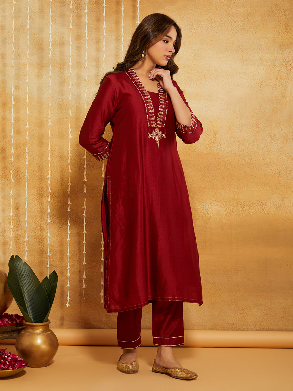 Red Embroidered Chanderi Silk Suit- Set of 3