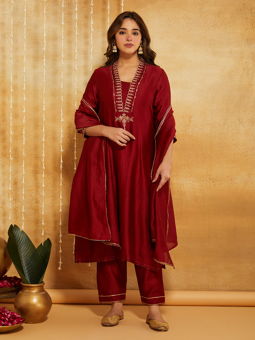 Red Embroidered Chanderi Silk Suit- Set of 3