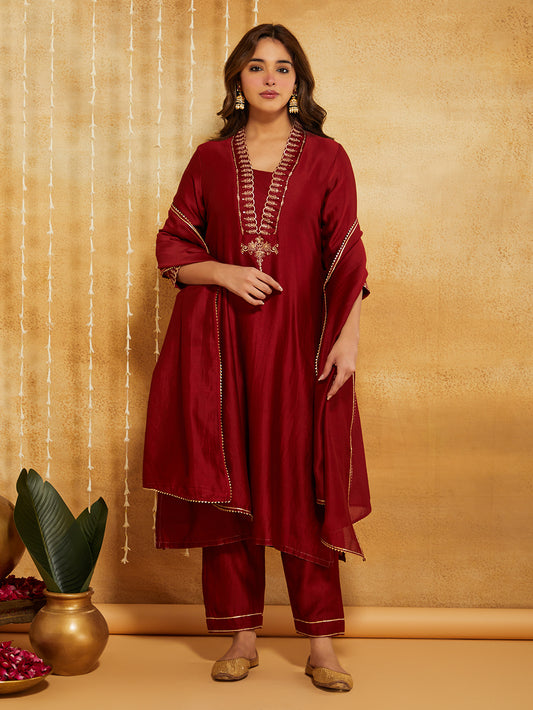 Red Embroidered Chanderi Silk Suit- Set of 3