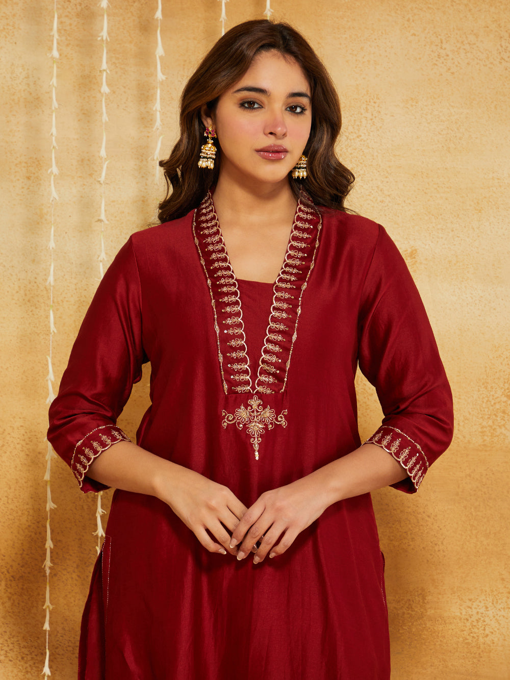 Red Embroidered Chanderi Silk Suit- Set of 3