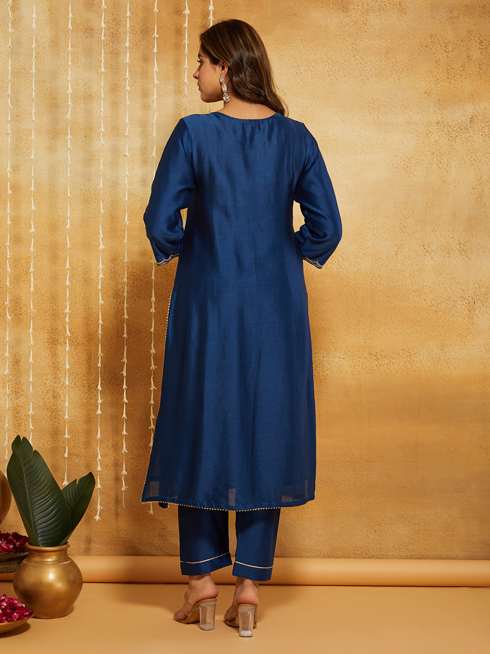 Blue Embroidered Chanderi Silk Suit- Set of 3