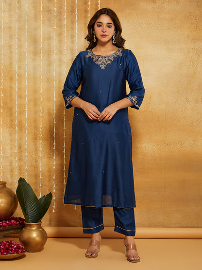 Blue Embroidered Chanderi Silk Suit- Set of 3