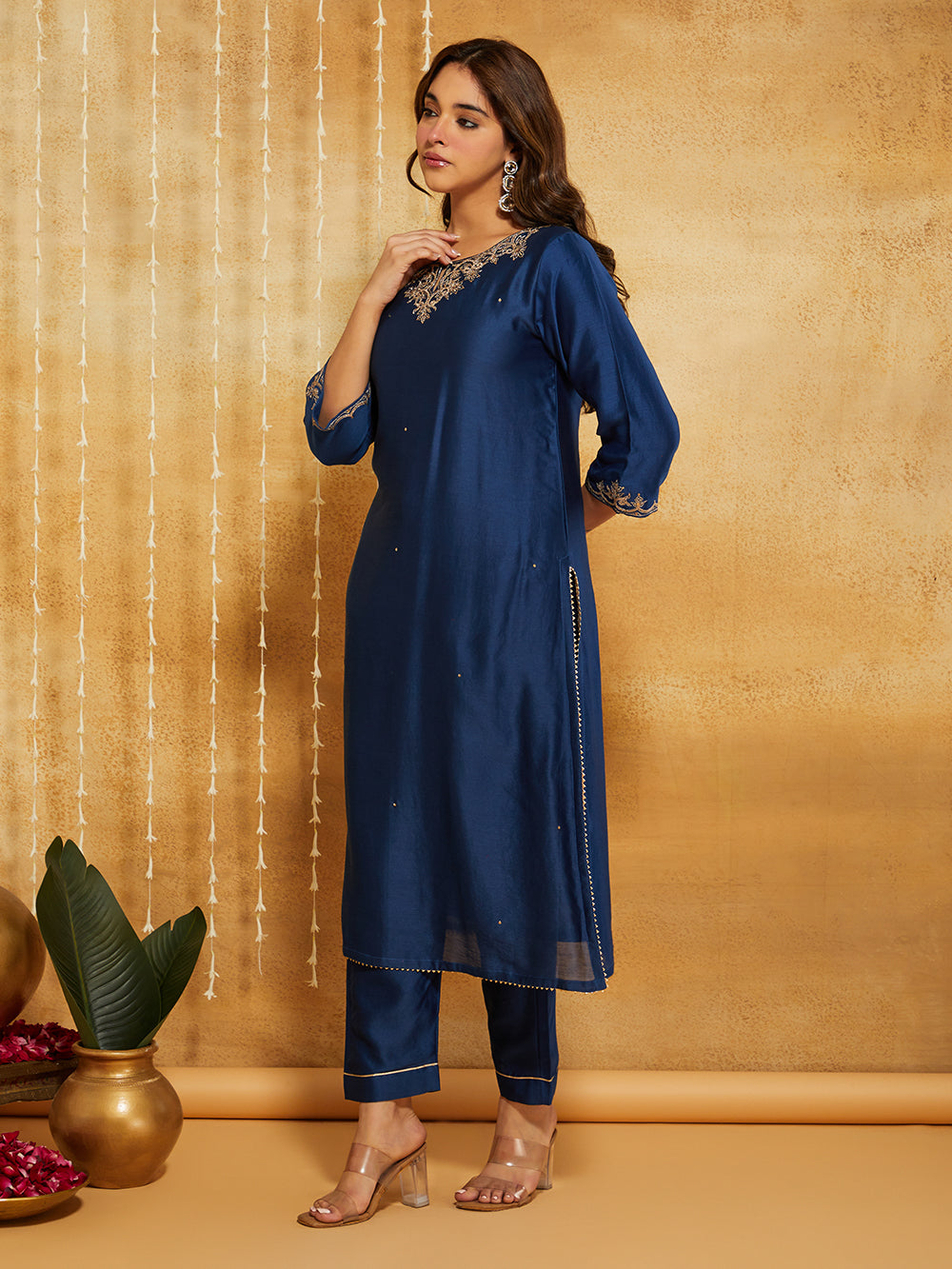 Blue Embroidered Chanderi Silk Suit- Set of 3