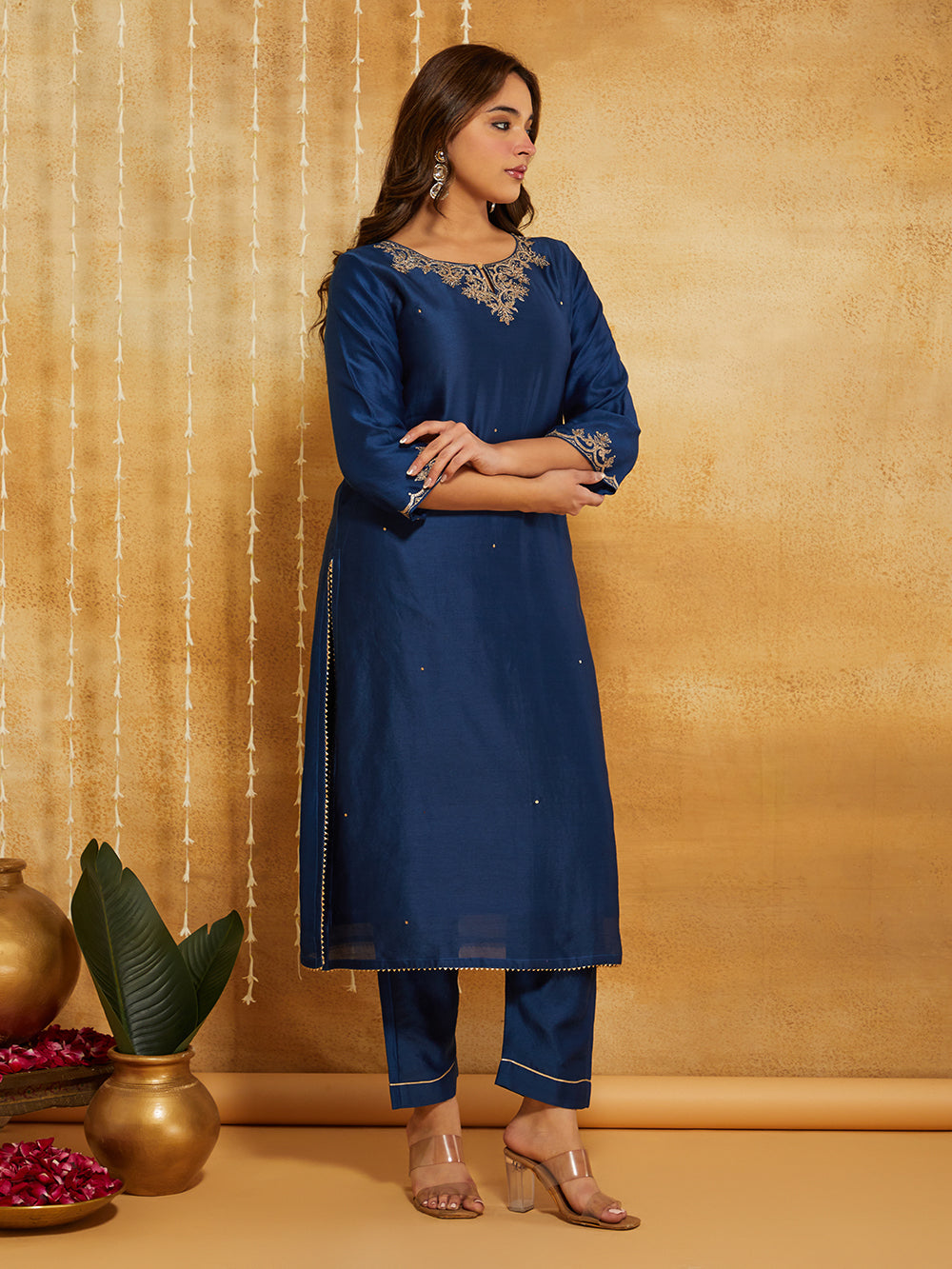 Blue Embroidered Chanderi Silk Suit- Set of 3