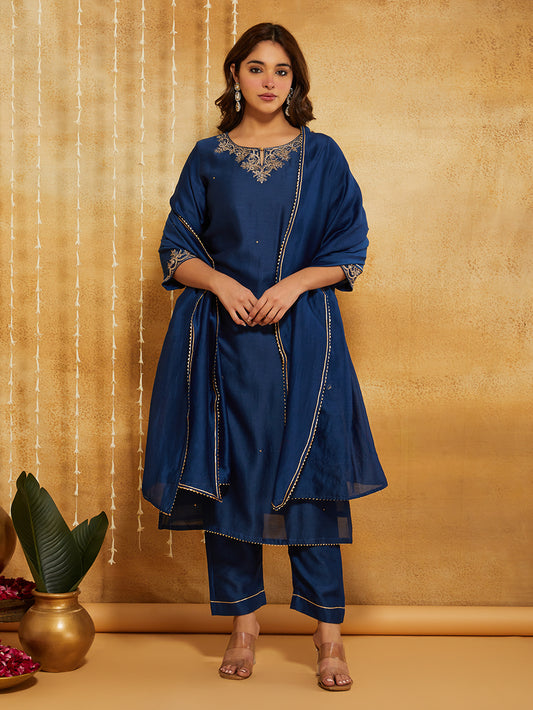 Blue Embroidered Chanderi Silk Suit- Set of 3