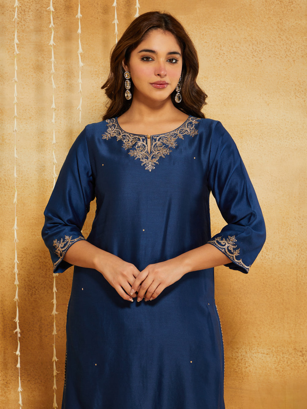 Blue Embroidered Chanderi Silk Suit- Set of 3