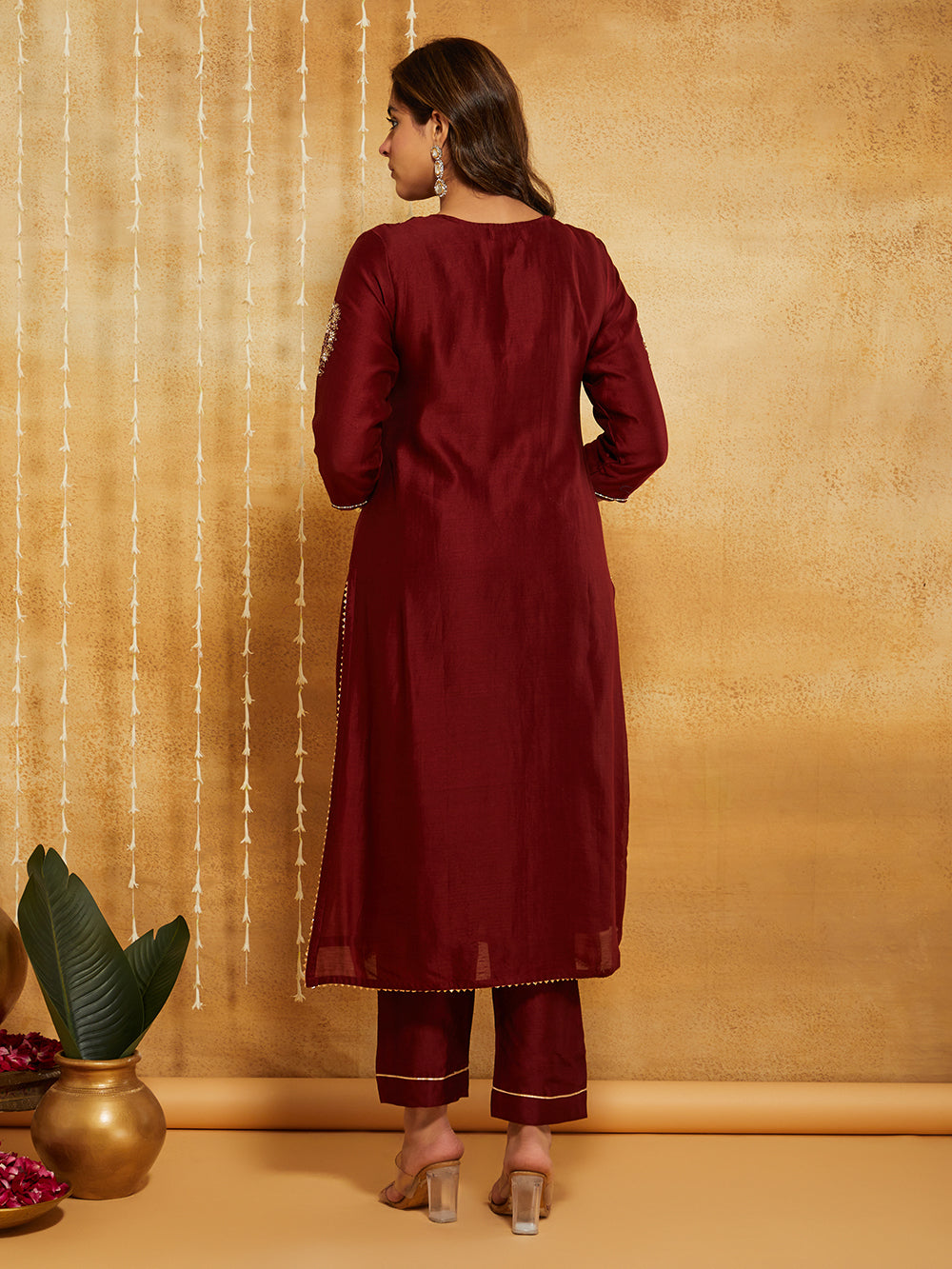 Maroon Embroidered Chanderi Silk Suit- Set of 3