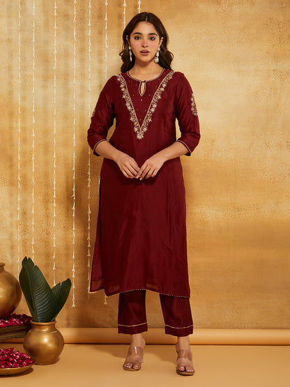 Maroon Embroidered Chanderi Silk Suit- Set of 3