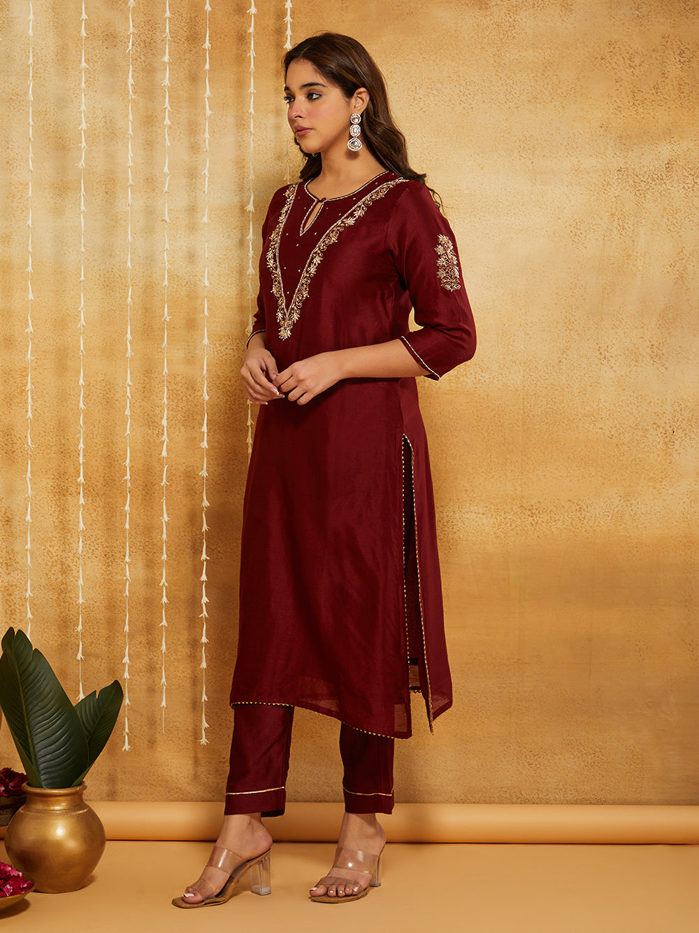 Maroon Embroidered Chanderi Silk Suit- Set of 3