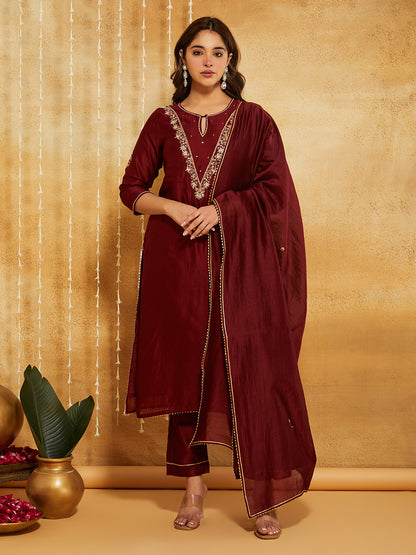 Maroon Embroidered Chanderi Silk Suit- Set of 3