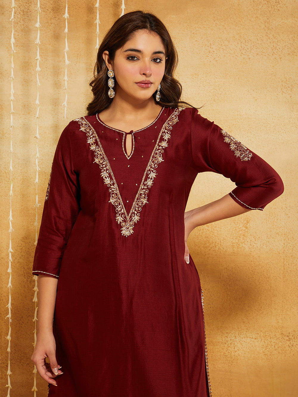 Maroon Embroidered Chanderi Silk Suit- Set of 3