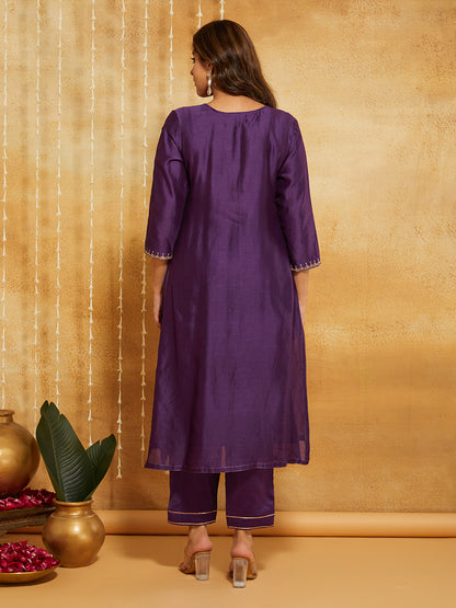 Purple Embroidered Chanderi Silk Suit- Set of 3