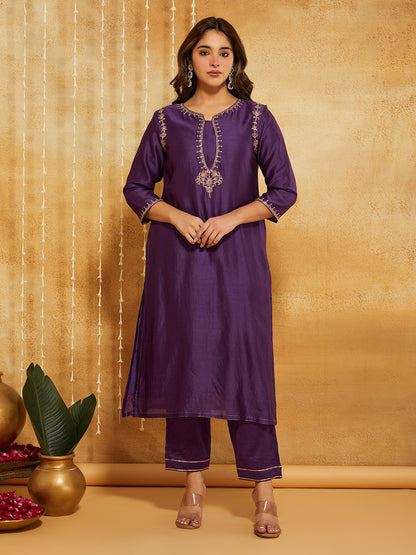 Purple Embroidered Chanderi Silk Suit- Set of 3