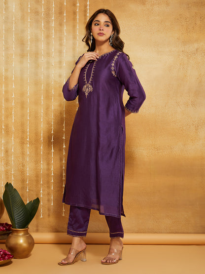 Purple Embroidered Chanderi Silk Suit- Set of 3