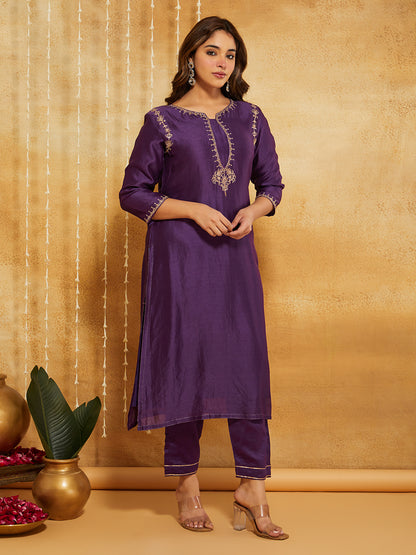 Purple Embroidered Chanderi Silk Suit- Set of 3