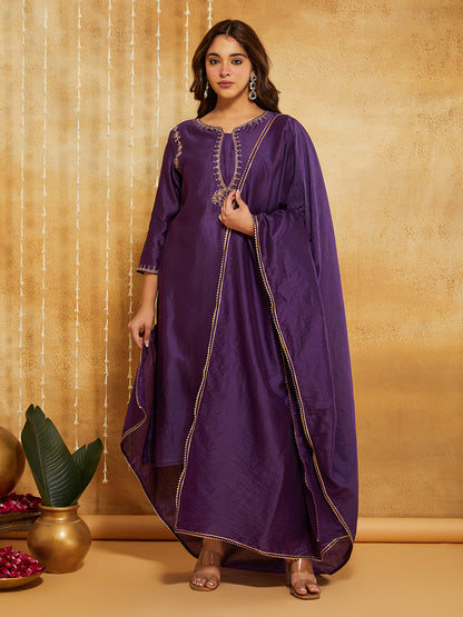 Purple Embroidered Chanderi Silk Suit- Set of 3