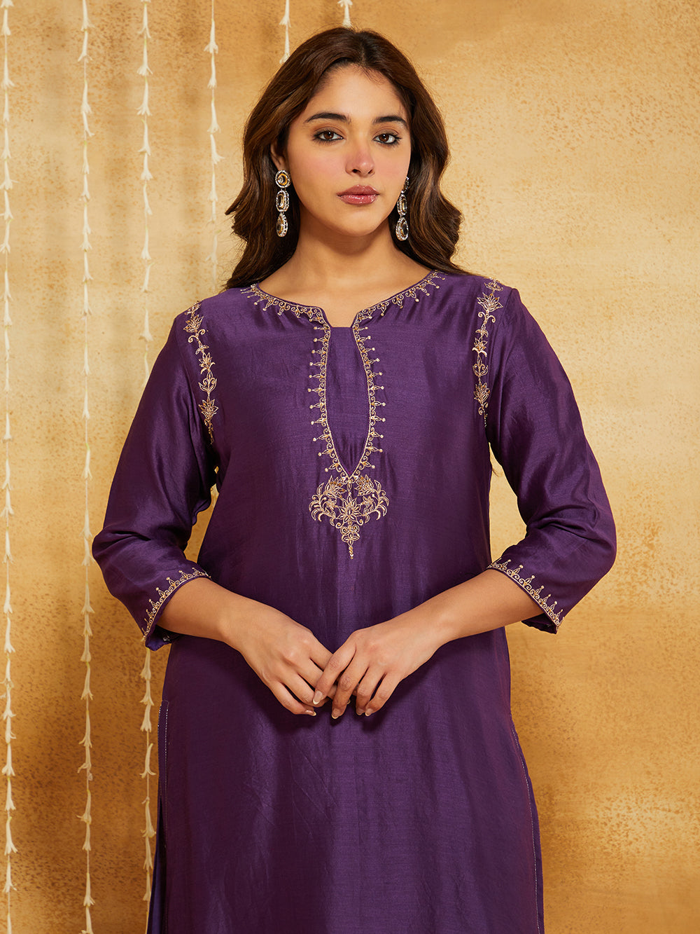 Purple Embroidered Chanderi Silk Suit- Set of 3