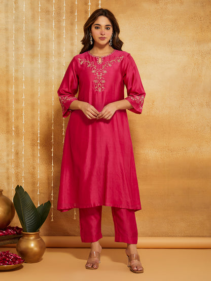 Fuchsia Embroidered Chanderi Silk Suit- Set of 3
