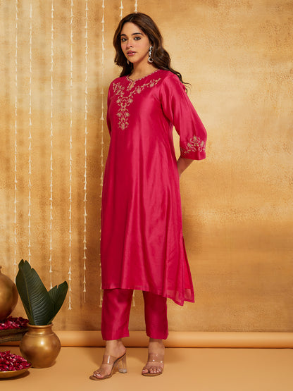 Fuchsia Embroidered Chanderi Silk Suit- Set of 3