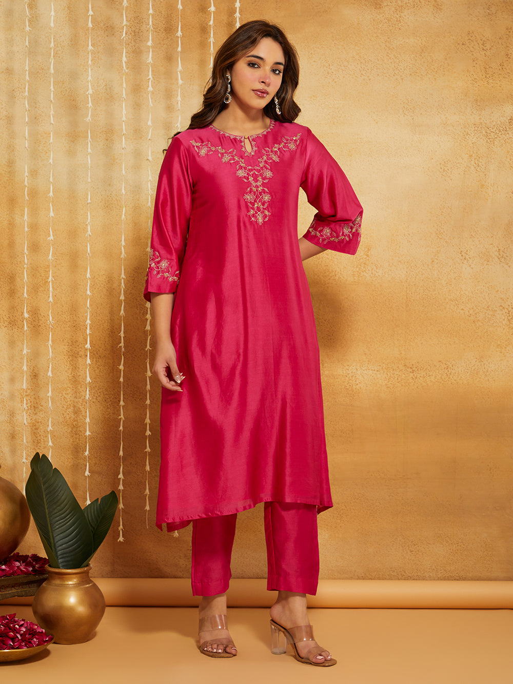 Fuchsia Embroidered Chanderi Silk Suit- Set of 3